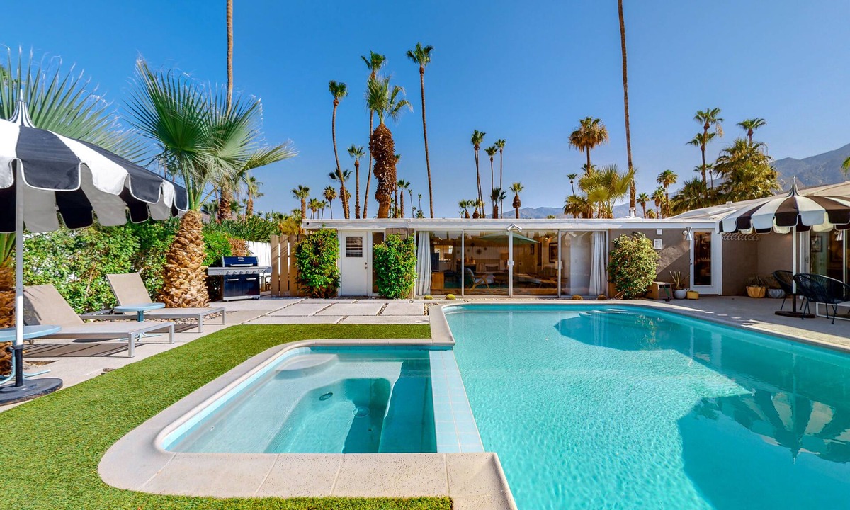 Twin Palms House | Vibrant home with private pool with spa, firepit, and private gas grill