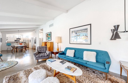Twin Palms House | Vibrant home with private pool with spa, firepit, and private gas grill
