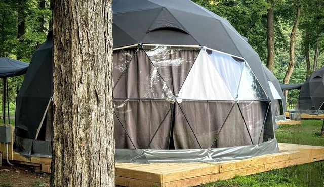 Starlit Geodesic Dome Haven Overlooking a Mountain River in New York’s Catskills